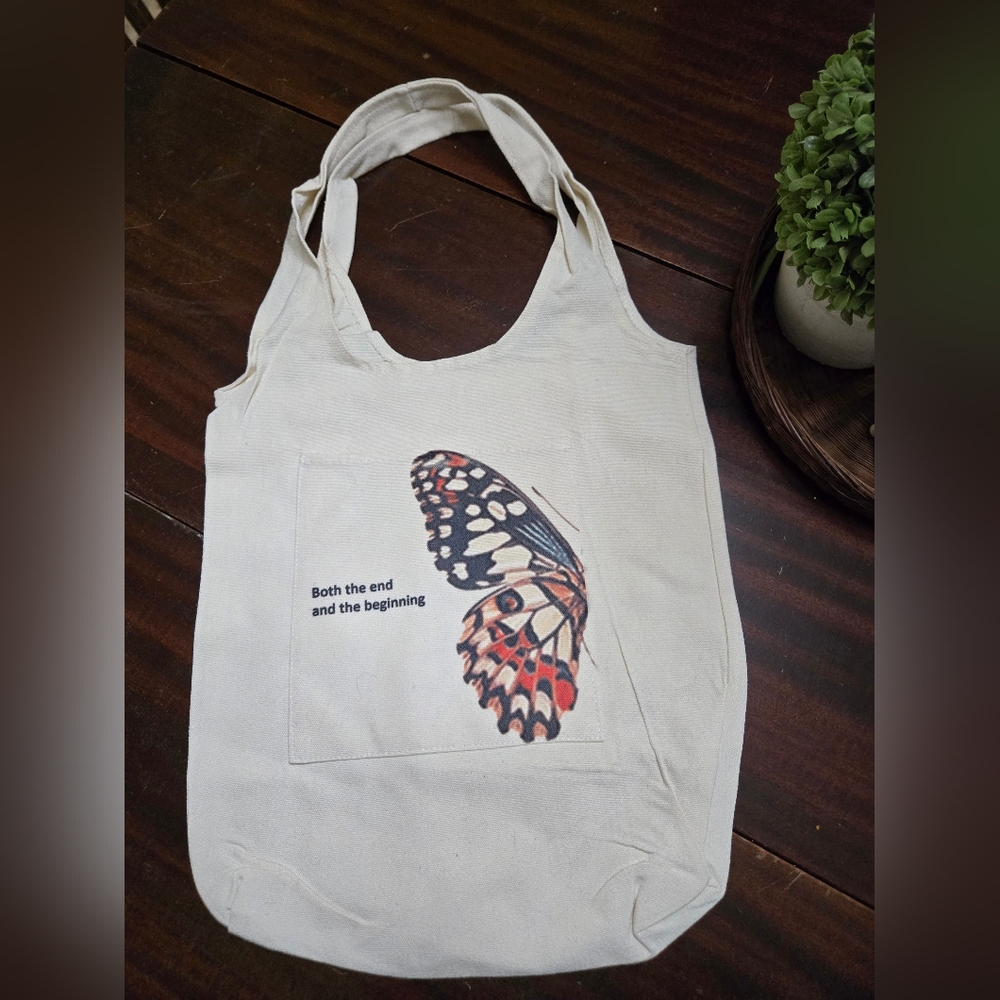 Butterfly Canvas Print Cream Tote Reusable  Bag